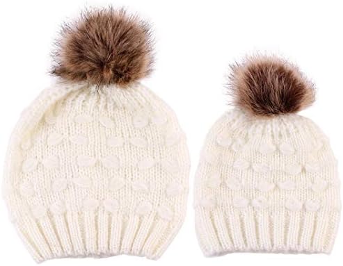 2PCS Mother and Baby Parent-Child Knit Hat with Pom Pom Winter Warm Family Crochet Beanie Ski Cap for Mother and Daughter/Son