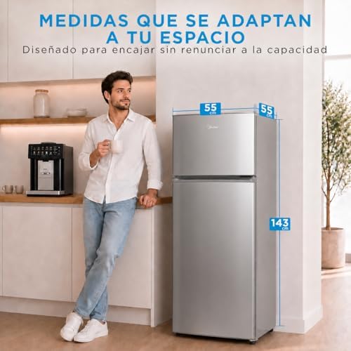 Frigorífico 2 puertas 140 cm alto x 55 cm ancho, Inox, Capacidad 204 L, Nevera Pequeña con Congelador Low Frost de Bajo Consumo, Puerta Reversible, Luz LED, Silencioso 40dB, Cajón de Frutas