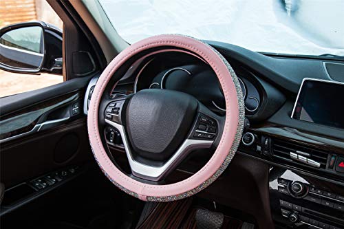 New Diamond Leather Steering Wheel Cover with Bling Bling Crystal Rhinestones, Universal Fit 15 Inch Anti-Slip Wheel Protector for Women Girls (Pink Color Diamond)