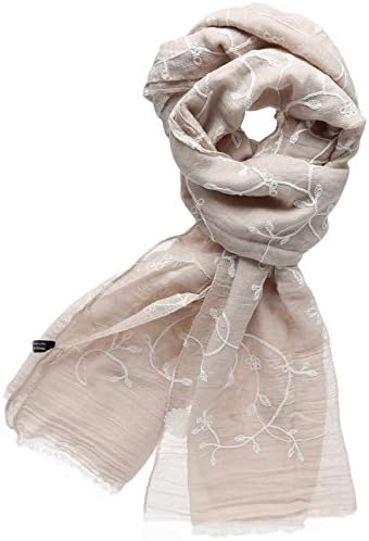 Women's Premium Collection Sheer Soft Embroidered Cotton Scarf (Flower, Beige)