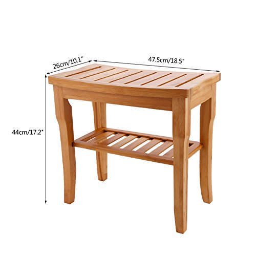Fashine Multi-Functional Anti-Slip Waterproof 2 Tier Bathroom Bamboo Bench with Shelf Stool Storage Shelving Unit
