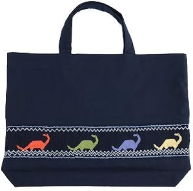 Amazon ハンドメイド手刺繍のレッスンバッグ 手刺繍スモッキング 恐竜 紺色布製 レッスンバッグ エレガンテポポ レッスンバッグ