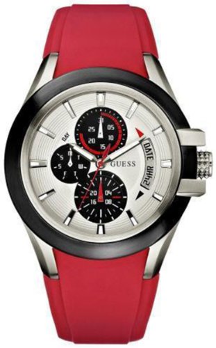 Guess u10575g4 day date white dial red silicone strap men watch NEW