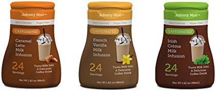Johnny Moo Coffee Milk Flavoring Drops, 1.62oz Bottle Variety 3 Pack (Caramel Latte, French Vanilla, and Irish Cream)