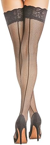 DittyandVibe Womens Seamed Thigh High Fishnet Vintage Lace Stockings Black