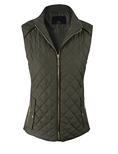makeitmint Women's Basic Solid Quilted Padding Jacket Vest w/ Pockets Large YJV0002_Olive