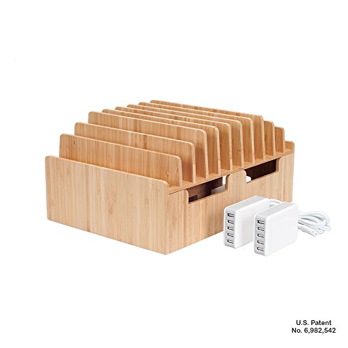 MobileVision 10-Port Bamboo Charging Station INCLUDES 2 Powermod 5 USB Port Chargers for Smartphones & Tablets