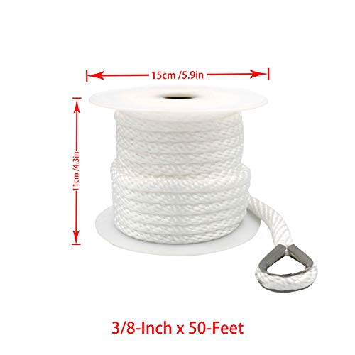 Yaegarden 3/8 Inch 50FT Solid Braid MFP Anchor Line Braided Nylon Anchor Rope/Line with Thimble, White - Thumbnail 2