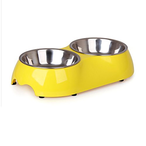 Dog And Cat Stainless Steel Double Diner Food Water Bowl Yellow Small