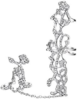 Kingde Rhinestones Crystal Chain Link Finger Double Ring Floral Ring(k30) (Silver-tone)