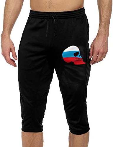 Russian Flag Skull Russia Cool Active Men's Lightweight Relaxed Fit Drawstring Woven French Terry 3/4 Pants