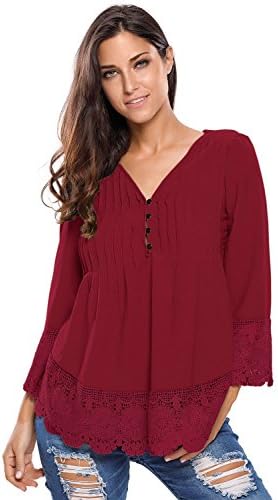 Fashion Womens Sexy Deep V-neck Women Tops Lace Stitching Folds Blouse Casual Loose T-shirt for Women Burgandy