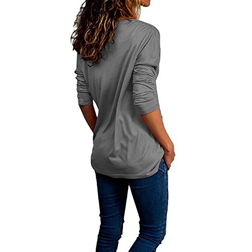 ZEFOTIM Fashion Womens Solid T-Shirt V-Neck Office Ladies Plain Roll Sleeve Blouse Tops(Large,Grey)