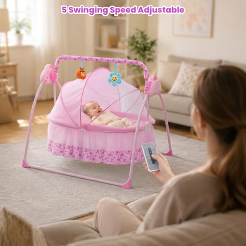 Jorunb Electric Baby Swing for Infants,Smart Electric Cradle,Foldable Portable Electric Toddler Rocker,5 Speeds,Bluetooth Support,With Remote Control,Mosquito Net(Red)