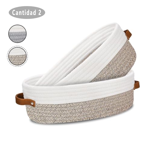 Cestas de almacenamiento para Encimera de baño, cesta de inodoro de cuerda de algodón para decoración de baño, cesta de papel higiénico, con mango de cuero,13 X 5.9 X 4 Pulgadas (2 caqui)