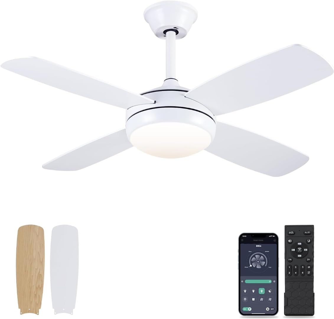Asyko 42" Ceiling Fans with Lights, White Modern