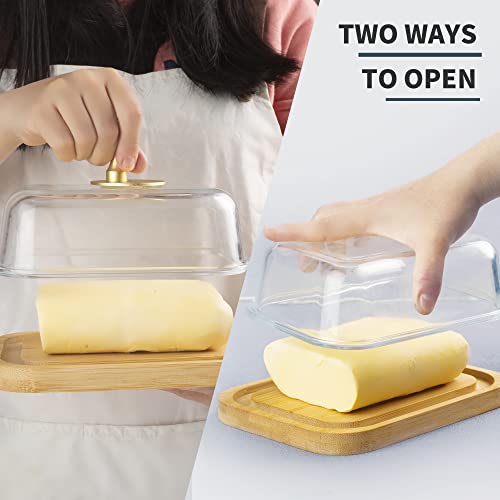 BTWD Glass Butter Dish with Lid for Countertop and Refrigerator, Large Butter Keeper Container Storage with Handle for Fridge, Butter Holder for Counter, Butter Tray Covered Butter Dishes with Lid