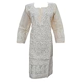Womens Ethnic Kurta Tunic Beige Lucknowi Embroidered Cotton Hippie Dress Kaftan