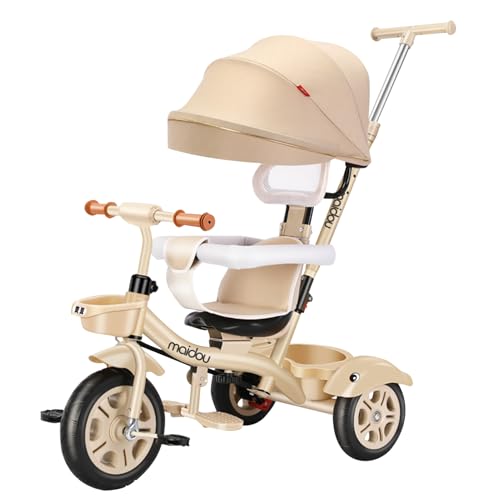 Beauenty Kids Tricycle with Push Handle, 4 in 1 Multifunctional Kids Tricycle Stroller Baby Tricycle with Removable Canopy Rotatable Seat Wheel for 6 Months-6 Years Boy&Girl (Champagne)
