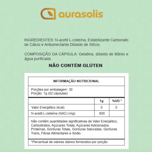 NAC N-Acetil L-Cisteína 600mg Aurasolis 60 Cápsulas | Antioxidante