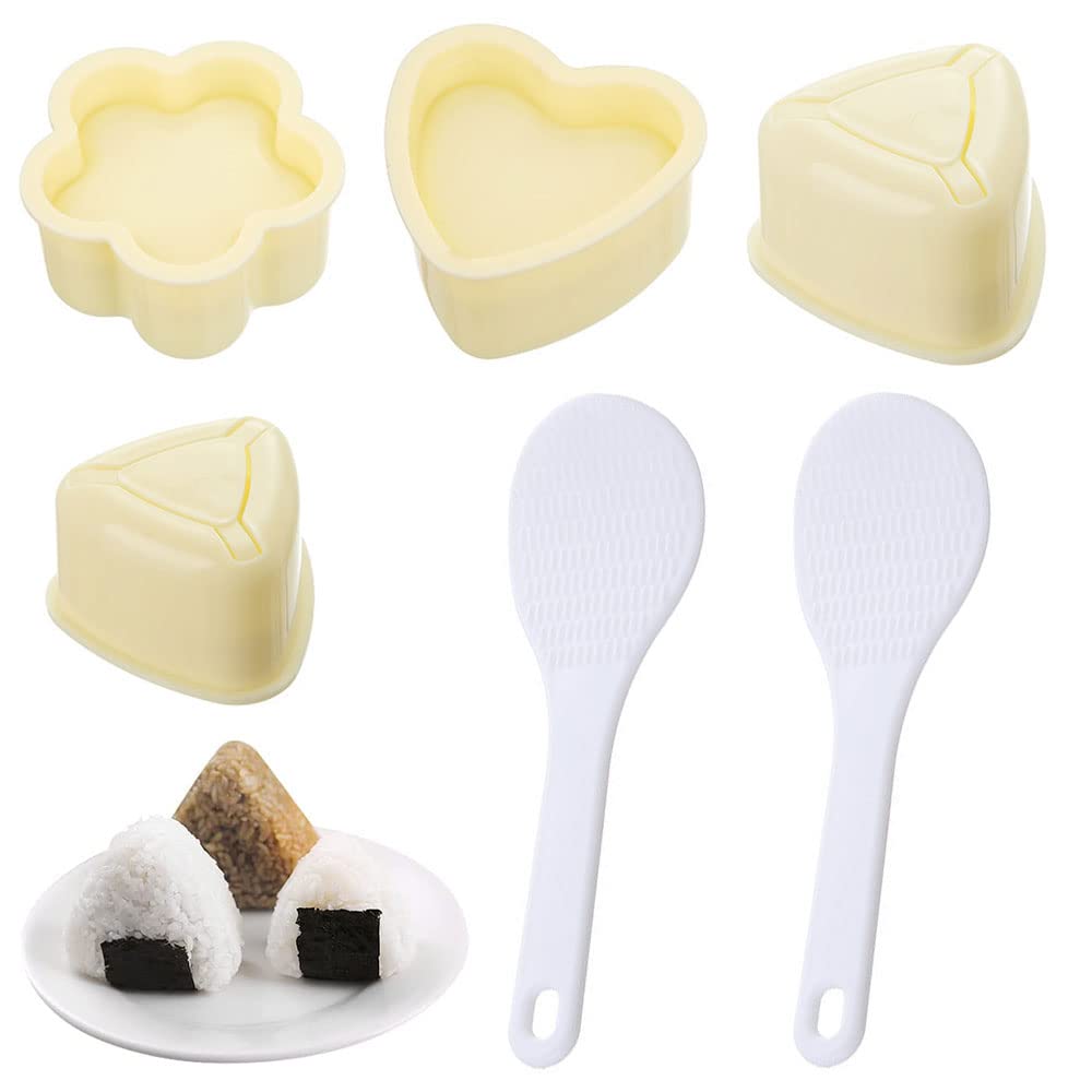 DUMYFENG 4 Pcs Onigiri Mould with 2 Pcs Rice Spoon Heart and Flower Shape Sushi Mold Triangle Sushi Mold DIY Sushi Molds for Kitchen DIY Cooking