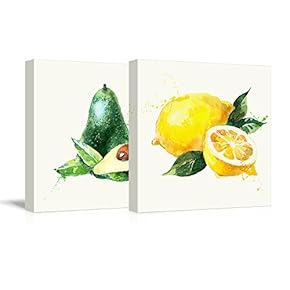 2 Panel Square Canvas Wall Art - Avocado and Lemon Watercolor | Fruits Watercolor Art and Illustrations - Giclee Print Gallery Wrap Modern Home Art Ready to Hang - 12"x12" x 2 Panels
