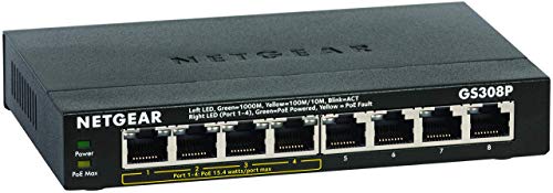 NETGEAR-Switch-PoE-de-8-puertos-Unmanaged-GS308P-Switch-Ethernet-con-4-puertos-PoE-y-55-W-de-potencia-montaje-sobremesa-carcasa-metalica-sin-ventilador