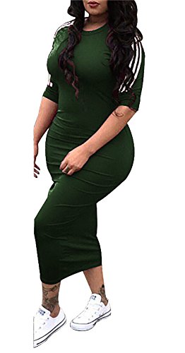 Molisry Women Striped Half Sleeve Bodycon Dress Casual Solid Slim Fit Midi Dress - Thumbnail 3
