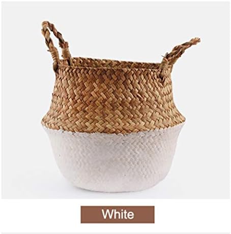 Natural Seagrass Belly Basket Storage Laundry Basket Handmade Lightweight Foldable (White)