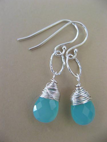 Peruvian Aqua Chalcedony Gemstone Sterling Silver Briolette Earrings Wire Wrapped