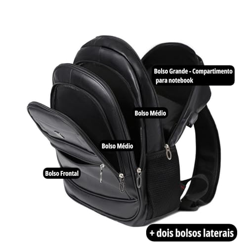Mochila Masculina de Couro Preta, Impermeável, com Compartimento para Notebook, 46x32x17 cm