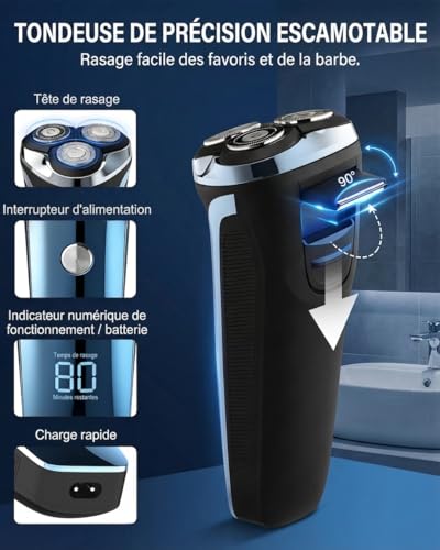Rasoir Électrique Homme avec Écran LCD, 4D Tête Flottante, IPX7 Étanche pour Rasage Sec et Humide, Rasoir Barbe Homme Rechargeable USB avec Tondeuse Rétractable, Rasoir Sans Fil (Bleu Dégradé)