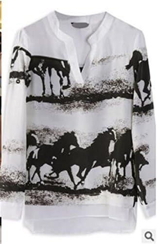 Lxbin Women's Ink Horse Print Blouse Casual Retro Shirt Slim Tops L