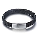 Black Leather Bracelets For Men Bangle Bracelets Fashion Magnetic Clasp 8.5 Inch