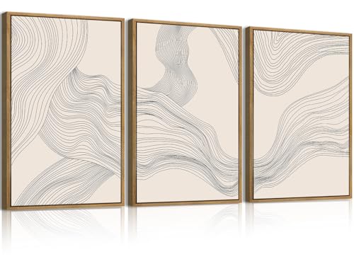 Abstract Wall Art Beige Line Wave Canvas Set of