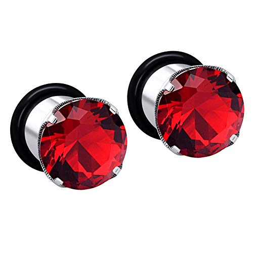 Longbeauty 2Pcs Single Flare Stainless Steel Red Zircon CZ Ear Tunnels Expander Plugs Gauges Stretcher with O-Ring