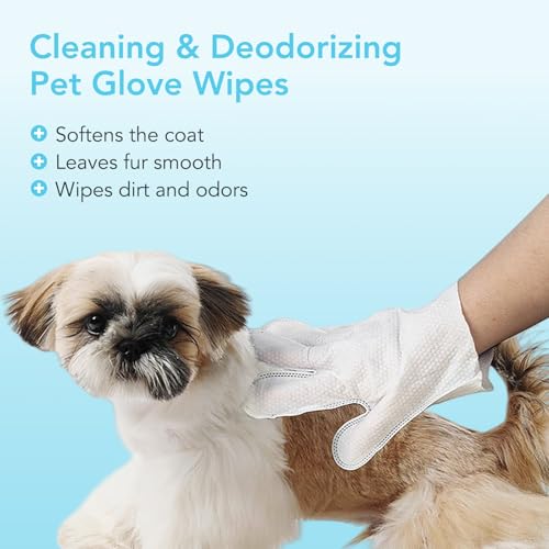 Funfawn Pet Cleaning Glove Wipes for Dogs & Cats - Extra Thick Deodorizing Pet Bathing Wipes - Rinse Free Grooming Wipes for Pet Daily Cleaning and Traveling - Unscented, 20 pcs