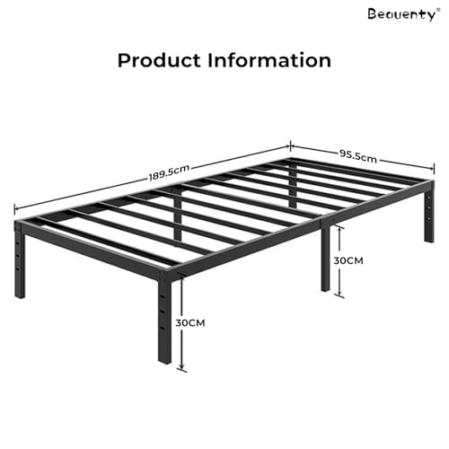 Beauenty 12inch High Bed Frame, Heavy Duty Metal Bed Frame with Storage Space Under Bed, Modern Design Durable Single Bed Frame for Bedroom Living Room Easy Assembly (190 * 95cm)
