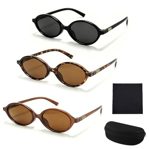 3 Piezas lentes de sol ovalados mujer,Gafas de Sol Mujer Retro Moda,Gafas de Sol Retro Ojo de Gato, Gafas Estrechas Ligeras de los 90 Lentes, Adecuado para conducir, viajar y practicar deportes