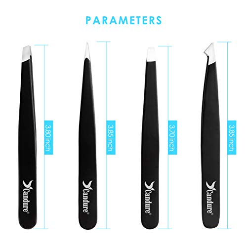 Professional Tweezers Set (4-Piece) - Stainless Steel Precision Tweezers for Ingrown Hair, Facial Hair, Splinter, Blackhead and Tick Remover by Candure (Black) - Thumbnail 6