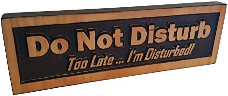 Do Not Disturb, Too Late … I'm Disturbed, Decorative Wood Sign Plaque, Carved &amp; Stained, Freestanding Décor for Office or Home Display, 10” x 3”