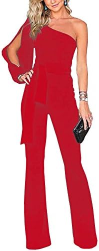 Ru Sweet Women One Shoulder Solid Jumpsuits Wide Leg Long Romper Pants with Belt