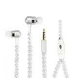Fashionable Jewelry Pearl Necklace Earphones with Mic Beads 3.5mm In-ear Wired Headphone Connect to SmartPhone, iPhone, iPad,Samsung, BlackBerry (White)