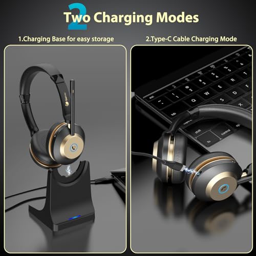 Earbay Wireless Headset, Bluetooth Headset With Microphone Noise Canceling & USB Dongle, V5.3 Bluetooth Headphone with Charging Dock & 50hrs Working Time for Computer/Phones/Teams/Skype/Zoom/Office