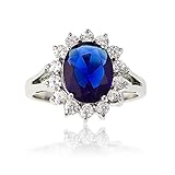 Sterling Silver Oval Blue Sapphire and CZ Princess Diana/Kate Middleton Ring