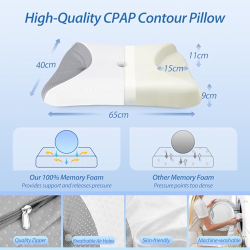 HOMCA CPAP Pillow, Orthopedic Memory Foam Pillow for All CPAP Masks That Reduces Mask Pressure and Air Leaks, with Cooling Cover, 65 x 40 x 9/11 cm