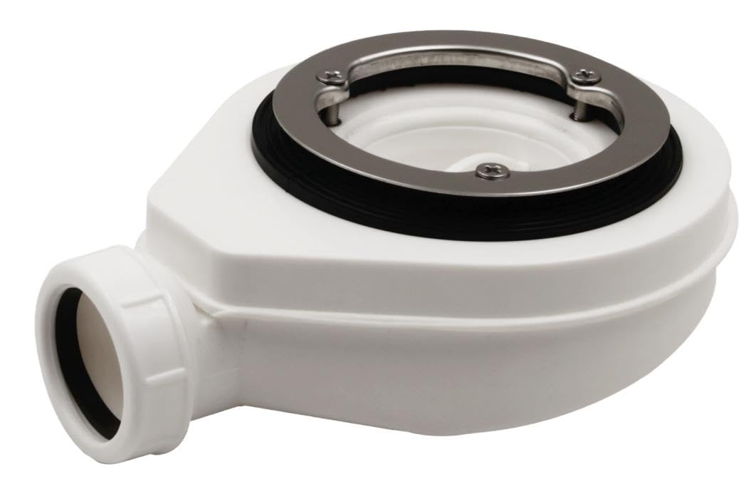 Drain Valve for Shower Plates | Siphon for Shower Tray - Diameter 140 mm | Shiny Stainless Steel Holding Ring with 3 Screws Fixing | With Waste Container
