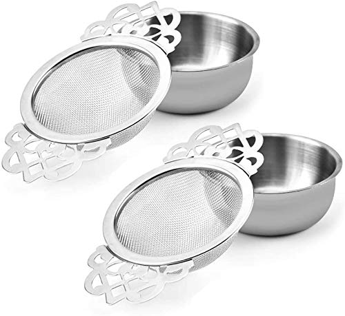 Tea Strainers,2 Pack Stainless Steel Loose Leaf Tea Strainers with Drip Bowls,Lace Double Handles Traditional Loose Tea Infuser Ultra Fine Mesh Tea Filter,Silver