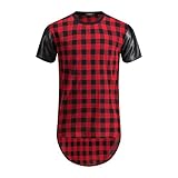 OLRIK Mens Hipster Hip Hop Leather PU Sleeve Side Zipper Paid T Thirt Red XL