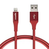 AmazonBasics USB A Cable with Lightning Connector, Premium Collection, MFi Certified iPhone Charger, 3 Foot, Red